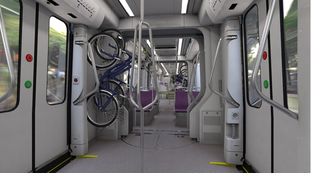 Interior train car. Bicycles are attached to interior poles vertically