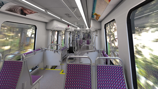 Train interior. Plastic and metal chairs with purple seat cushions